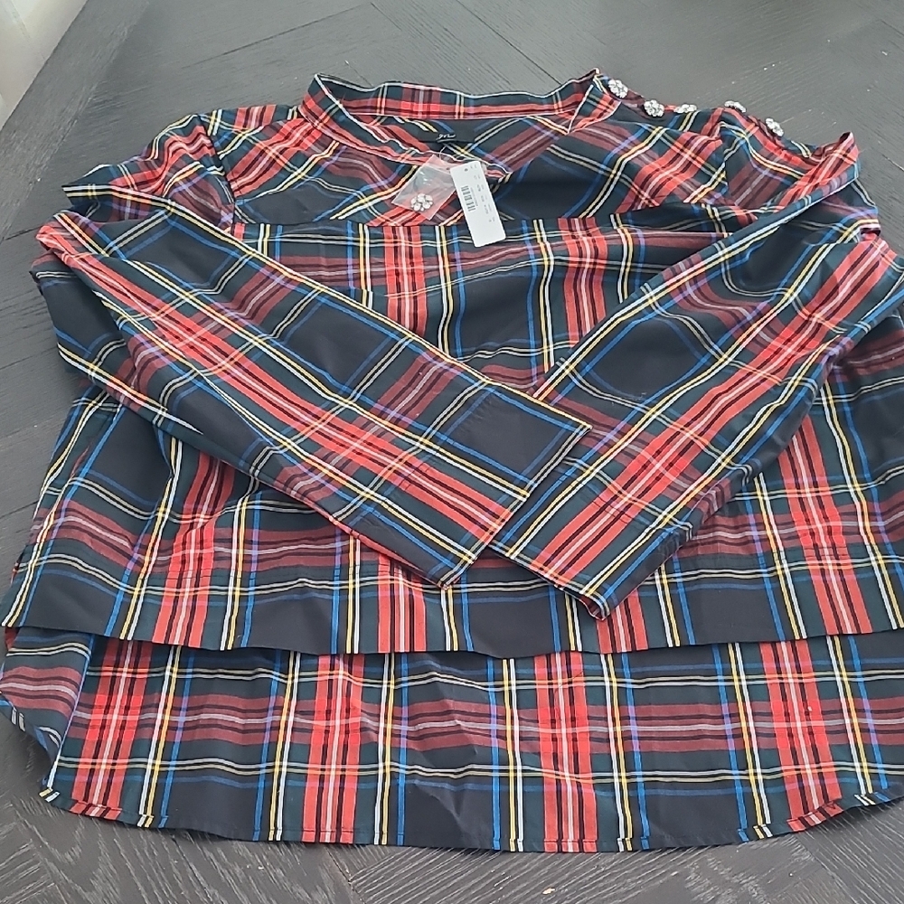 NWT J. Crew Stewart Tartan Plaid Holiday Funnel Neck Top